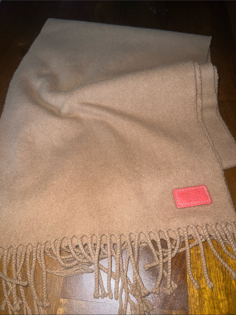 Coach Tan Fringe Scarf with Pink Logo Patch